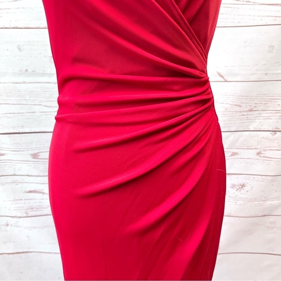 Vintage Tadashi Shoji Asymmetrical Ruched Faux Wrap Surplice Stretch Dress - Picture 6 of 10